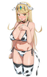  absurdres animal_ears animal_print bikini black_collar blonde_hair blush breasts chest_jewel collar collarbone cow_ears cow_horns cow_print cow_print_bikini cow_tail cropped_legs female highres horns large_breasts mythra_(xenoblade) navel oruru63100814 print_bikini simple_background solo swimsuit tail thighhighs thighs white_background xenoblade_chronicles_(series) xenoblade_chronicles_2 yellow_eyes yellow_nails 