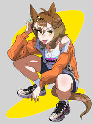  4me_4ma absurdres ahoge animal_ears bare_shoulders black_shorts braid brown_hair commentary_request earrings female french_braid grey_background hair_between_eyes hair_ornament highres horse_ears horse_girl horse_tail jacket jewelry jungle_pocket_(umamusume) long_sleeves medium_hair necklace notched_ear official_alternate_costume orange_jacket print_shirt shirt shoes shorts single_earring smile sneakers solo squatting tail tank_top tongue tongue_out two-tone_background umamusume v-shaped_eyebrows white_tank_top x_hair_ornament yellow_background yellow_eyes 