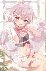  animal_ears blush breasts cropped_shirt dog_ears dog_girl dog_tail female frilled_jacket frills hair_ornament hairclip highres hood hooded_pajamas indie_virtual_youtuber indoors jacket kurenagi_eri long_hair looking_at_viewer multicolored_hair natsuki_marina navel open_mouth orange_eyes pajamas pink_hair pink_pajamas red_hair red_ribbon ribbon see-through short_shorts shorts sitting small_breasts smile solo streaked_hair tail virtual_youtuber 