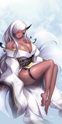  absurdres aya_(trickcal) barefoot breasts cleavage commentary_request dark-skinned_female dark_skin feet female full_body furisode hair_over_one_eye highres horns japanese_clothes kimono korean_commentary large_breasts legs long_hair looking_at_viewer obi oni revision sash single_horn soles solo thigh_strap toes toriseru_(rare_stone) trickcal very_long_hair white_hair white_kimono wide_sleeves yellow_eyes 