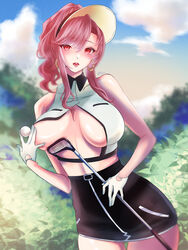  azur_lane ball bare_shoulders black_hat black_skirt blue_sky breasts brown_hair cleavage clemenceau_(azur_lane) clemenceau_(splendid_breeze)_(azur_lane) cloud collared_shirt commentary_request cowboy_shot crescent crescent_earrings crop_top day earrings female gloves golf_ball golf_club grabbing_own_breast hair_between_eyes hat high-waist_skirt highres holding holding_golf_ball holding_golf_club jewelry large_breasts long_hair looking_at_viewer midriff musan_(muusan_lv1) official_alternate_costume open_mouth outdoors partial_commentary pencil_skirt ponytail red_eyes shirt sidelocks signature skirt sky sleeveless sleeveless_shirt solo standing teeth tongue tongue_out upper_teeth_only visor_cap white_gloves white_shirt 