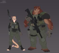  2024 anthro assault_rifle athletic athletic_female bear brown_bear bulletproof_vest cougar duo felid feline female grizzly_bear gun gus_(grizzlygus) hi_res kodiak_bear law_enforcement male male/female mammal muscular muscular_male police ranged_weapon rifle size_difference special_forces stoopix swat tactical_gear ursine valerie_(grizzlygus) weapon 