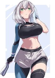  alternate_costume black_sports_bra blue_towel blush breasts commentary_request female green_eyes grey_hair grey_shorts gym_shorts hair_between_eyes highres holding holding_headband holding_towel hololive large_breasts looking_at_viewer medium_hair midriff navel parted_lips shirogane_noel shorts showhey!! shrug_(clothing) single_leg_pantyhose single_thighhigh skindentation solo sports_bra sweat thighhighs towel unworn_headband virtual_youtuber wiping_sweat 