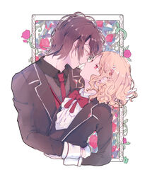  1boy black_jacket blazer blonde_hair brown_hair diabolik_lovers female flower glasses hano_luno jacket komori_yui looking_at_another pink_eyes red_eyes red_flower red_rose rose sakamaki_reiji school_uniform short_hair straight wavy_hair white_background 