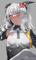  :&lt; anger_vein black_gloves blush breasts collagen female gloves grey_background grey_hair hair_ornament highres karenina:_scire_(punishing:_gray_raven) karenina_(punishing:_gray_raven) punishing:_gray_raven simple_background small_breasts socks solo sweat twintails white_socks yellow_eyes 