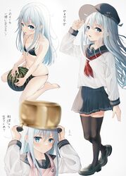  absurdres anchor_symbol bikini black_bikini black_sailor_collar black_skirt blue_eyes female flat_cap flat_chest food fruit hat hibiki_(kancolle) highres kantai_collection long_hair multiple_views neckerchief pleated_skirt pot_on_head red_neckerchief sailor_collar school_uniform serafuku simple_background sitting skirt standing swimsuit thighhighs translation_request upper_body wariza watermelon white_background white_hair yuzuzukushi 