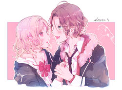  1boy blazer blonde_hair blush border diabolik_lovers embarrassed eye_contact face-to-face fangs female green_eyes hano_luno jacket komori_yui long_sleeves looking_at_another pink_background pink_eyes red_hair sakamaki_laito school_uniform shirt short_hair straight vampire white_border white_shirt 