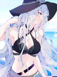  adjusting_hair aer007580 bare_shoulders bikini black_bikini black_hat breasts bronya_zaychik bronya_zaychik_(silverwing:_n-ex) cleavage collarbone commentary female grey_eyes grey_hair hair_between_eyes hand_in_own_hair hat hat_ribbon highres honkai_(series) honkai_impact_3rd long_hair looking_to_the_side navel outdoors ribbon sidelocks solo sun_hat swimsuit symbol-only_commentary very_long_hair 