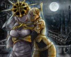  2girls arm_under_breasts breasts commentary covered_eyes cowboy_shot dark_souls_(series) dark_souls_i dark_sun_gwyndolin darkmoon_knightess dress english_commentary full_moon genderswap_(mtf) highres hug hug_from_behind large_breasts mask moon multiple_girls night outdoors robe rule_63 straight sun_symbol uni_(oni_unicorn) veil white_dress white_hair white_robe 