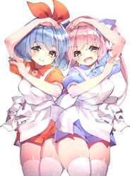  2girls :d blue_hair blush commentary_request cowboy_shot fujishima-sei_ichi-gou green_eyes hair_ribbon heart_arms_duo highres long_hair looking_at_viewer multiple_girls oerba_yun_fang omega_ray omega_rio omega_sisters omega_symbol purple_hair ribbon short_hair shorts simple_background skin_fang smile thighhighs twintails virtual_youtuber white_background white_thighhighs 