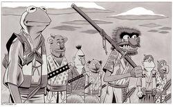  2020 amphibian animal_(muppets) anthro armor asian_clothing bald bear beard bert_(sesame_street) big_nose black_and_white border bruce_mccorkindale clothing cloud crossover east_asian_clothing english_text ernie_(sesame_street) eye_bags eyebrows eyewear facial_hair fozzie_bear frog glasses gonzo_(muppets) greyscale group hi_res humanoid humor japanese_armor japanese_clothing katana kermit_the_frog kimono male mammal melee_weapon monochrome monster moustache muppet muppets parody practice_sword samurai samurai_armor scooter_(muppets) sesame_street seven_samurai signature sword teeth text the_muppet_show unibrow warrior weapon wheat white_border wooden_sword 