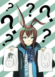  :x ? absurdres amiya_(arknights) animal_ears arknights ascot bad_id bad_pixiv_id black_jacket blue_ascot blue_eyes brown_hair chef_(chef_dominic) commentary diagonal_stripes eeyore female green_background hair_between_eyes hands_up highres holding holding_paper jacket jewelry long_hair looking_at_viewer miffy miffy_(character) neck_ring open_clothes open_jacket paper rabbit_ears ring shirt solo striped striped_background upper_body white_background white_shirt winnie_the_pooh 