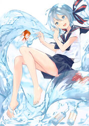  absurdly_long_hair absurdres aqua_nails bad_id bad_pixiv_id barefoot black_neckwear black_sailor_collar black_skirt blue_eyes blue_hair bottle bottle_miku chamu_(chammkue) commentary female fish full_body goldfish hair_ribbon hatsune_miku highres legs light_blue_hair liquid_hair long_hair miniskirt nail_polish open_mouth pleated_skirt ribbon sailor_collar school_uniform serafuku shirt short_sleeves skirt smile solo striped striped_ribbon toenail_polish toenails twintails very_long_hair vocaloid white_shirt 