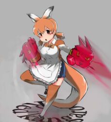  apron bad_id bad_pixiv_id blush bow bowtie boxing_gloves character_name commentary_request female full_body grey_background highres kangaroo_girl kemono_friends low_twintails multicolored_hair open_mouth orange_eyes orange_hair orange_tail punching red_kangaroo_(kemono_friends) simple_background solo tail takapon thighhighs twintails two-tone_hair white_hair 