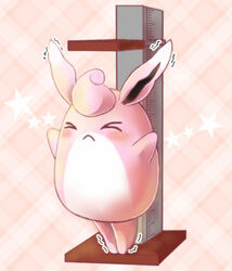  ambiguous_gender asakirirokuyu blush closed_eyes feral front_view frown generation_1_pokemon long_ears measuring motion_lines nintendo nude pattern_background pink_background pink_body pink_skin pokemon pokemon_(species) raised_arm simple_background solo standing white_body white_skin wigglytuff 