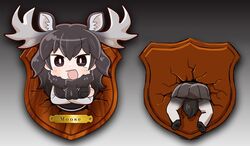  :d animal_ears antlers ass black_eyes black_hair blush chaki_(teasets) commentary_request crack crossed_arms extra_ears female fur_collar horns kemono_friends long_hair looking_at_viewer moose_(kemono_friends) moose_ears moose_tail multiple_views name_tag open_mouth pleated_skirt skirt smile tail through_wall trophy_head v-shaped_eyebrows 