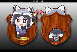  animal_ears ass black_hair blush bow bowtie brown_eyes chaki_(teasets) commentary_request common_raccoon_(kemono_friends) crack feathers female from_behind fur_collar gradient_hair grey_hair kemono_friends leg_up multicolored_hair name_tag oerba_yun_fang open_mouth pantyhose pleated_skirt puffy_short_sleeves puffy_sleeves raccoon_ears raccoon_tail short_hair short_sleeves skirt smile solo tail through_wall trophy_head two-tone_hair white_hair white_pantyhose 