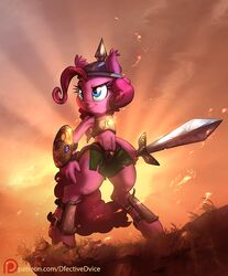  2016 anthro anthrofied armor bikini_armor bikini_plate biped blue_eyes bracers breastplate collaboration cutie_mark dfectivedvice earth_pony equid equine female fire friendship_is_magic grass greaves hair hasbro headgear helmet heraldry hi_res horse mammal melee_weapon metal_shield my_little_pony navel outcrop pink_hair pinkie_pie_(mlp) plant pony round_shield shield smile solo sparks standing sword text unconvincing_armor url vest_(artist) warrior weapon 