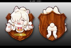  alpaca_ears alpaca_suri_(kemono_friends) alpaca_tail animal_ears ass blonde_hair blush chaki_(teasets) closed_eyes commentary_request crack cup female from_behind fur_collar hair_over_one_eye happy japari_symbol kemono_friends looking_at_viewer multiple_views name_tag open_mouth ribbon shorts smile tail tea teacup teapot through_wall trophy_head 