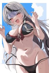  @_@ absurdres bikini black_bikini black_hair blue_sky blush border breasts cleavage cloud double_bikini female grey_hair heart highres hololive large_breasts long_hair looking_at_viewer multicolored_hair nail_polish navel oerba_yun_fang open_mouth red_bikini red_nails sakamata_chloe shiko_nade skin_fang sky smile solo streaked_hair swimsuit virtual_youtuber 