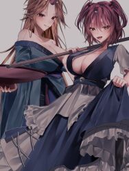  2girls blonde_hair blue_dress blue_kimono breasts cleavage clothes_lift commentary_request cross-laced_clothes cup dededon_(2suy_aas) dress grey_background highres holding holding_cup hoshiguma_yuugi hoshiguma_yuugi_(kimono) japanese_clothes kimono large_breasts lifting_own_clothes long_hair looking_at_viewer multiple_girls onozuka_komachi red_eyes red_hair sakazuki short_hair simple_background touhou two_side_up 