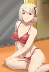  blonde_hair blush bob_cut bra breasts commentary_request female hair_ribbon large_breasts long_sleeves looking_at_viewer lycoris_recoil nishikigi_chisato panties parted_lips red_bra red_eyes red_panties red_ribbon remon_keiki ribbon short_hair sitting solo underwear underwear_only yokozuwari 