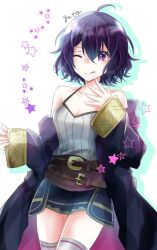  ahoge bare_shoulders black_hair coat female fire_emblem fire_emblem_awakening morgan_(female)_(fire_emblem) morgan_(fire_emblem) no_gloves one_eye_closed purple_eyes signature simple_background solo star_(symbol) thighhighs tongue tongue_out yuyu_(spika) 