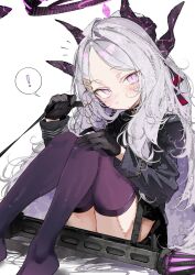  ! absurdres black_gloves black_skirt blue_archive blush closed_mouth commentary_request demon_girl demon_horns female gloves grey_hair gun halo highres hina_(blue_archive) holding holding_leash horns knees_up leash long_hair long_sleeves looking_at_viewer machine_gun mg42 multiple_horns no_shoes pepq purple_eyes purple_thighhighs simple_background sitting skirt solo speech_bubble spoken_exclamation_mark thighhighs very_long_hair weapon white_background 