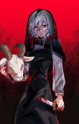  1boy animal_head bags_under_eyes black_background black_dress black_eyes black_veil blood blood_from_eyes blood_on_clothes blood_on_hands closed_mouth cowboy_shot crossdressing decapitation dress dungeon_meshi elf eye_injury goat goat_(dungeon_meshi) grey_hair hatching_(texture) highres holding holding_another&#039;s_head holding_knife horizontal_pupils knife lazy_eye long_sleeves looking_at_viewer male_focus missing_eye mithrun notched_ear pointy_ears red_background see-through see-through_sleeves see-through_veil serious short_hair simple_background uneven_eyes veil wavy_hair yellow_eyes zo_na 