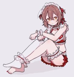  1boy ankle_cuffs asuka_kanzaki bare_arms bare_shoulders barefoot bikini blush bridal_garter brown_hair clenched_hands commentary crossed_legs dot_nose frilled_cuffs grey_background hair_between_eyes hair_bobbles hair_ornament hair_ribbon highres knees_up ksrgiing long_bangs looking_at_viewer maid_headdress orange_eyes original red_bikini red_nails red_ribbon ribbon short_hair sidelocks simple_background single_thighhigh sitting solo sweat swimsuit symbol-only_commentary thighhighs white_thighhighs wrist_cuffs 