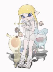  :o agent_8_(splatoon) agent_8_(splatoon)_(cosplay) blonde_hair blue_eyes blue_pupils blunt_bangs bodysuit boots choker colored_tongue cosplay covered_navel creature dedf1sh detached_sleeves fangs female flat_chest full_body gomi20021021 groin headgear highres holding holding_creature inkling inkling_girl inkling_player_character jellyfish_(splatoon) light_blush long_hair looking_at_creature marina_(splatoon) open_mouth pearl_(splatoon) pearl_drone_(splatoon) pointy_ears see-through see-through_sleeves simple_background single_detached_sleeve sleeveless sleeveless_bodysuit socks solo splatoon_(series) splatoon_3 splatoon_3:_side_order tentacle_hair watermark white_background white_bodysuit white_choker white_footwear white_socks yellow_tongue 