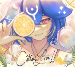  bao_(vtuber) bao_(vtuber)_(5th_costume) blue_hair bubble choker collarbone english_commentary female food fruit highres holding holding_food holding_fruit ice ice_cube indie_virtual_youtuber lemon lemon_slice looking_at_viewer multicolored_hair one_eye_covered open_mouth pink_eyes short_hair sleeves_past_wrists smile solo song_name streaked_hair sweat sweater virtual_youtuber whale white_choker wosabby yellow_nails yellow_sweater 