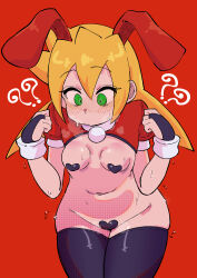  ? ?? absurdres animal_ears black_thighhighs blonde_hair blush breasts buzzlyears cowboy_shot cropped_jacket fake_animal_ears female green_eyes heart_maebari heart_pasties highres jacket long_hair maebari mega_man_(series) mega_man_legends_(series) meme_attire nontraditional_playboy_bunny pasties rabbit_ears red_background red_jacket reverse_bunnysuit reverse_outfit ringed_eyes roll_caskett_(mega_man) simple_background skindentation small_breasts solo thighhighs 