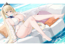  absurdres azur_lane barefoot blonde_hair blue_eyes blush breasts cleavage closed_mouth commentary_request couch detached_sleeves dress female hat highres knees_together_feet_apart large_breasts legs long_hair looking_at_viewer official_alternate_costume on_couch painleve_(azur_lane) painleve_(fresh_and_fortunate)_(azur_lane) pillow see-through see-through_sleeves sitting smile solo suo_bu_ye_feng thigh_strap tiara toes very_long_hair white_dress white_hat 