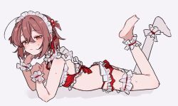  1boy ankle_cuffs asuka_kanzaki bare_arms barefoot bikini blush bridal_garter brown_hair commentary dot_nose elbow_rest embarrassed facing_to_the_side frilled_cuffs from_side grey_background hair_bobbles hair_ornament hair_ribbon head_rest highres ksrgiing legs_up looking_at_viewer lying maid_headdress on_stomach orange_eyes original red_bikini red_ribbon ribbon short_hair sidelocks simple_background single_thighhigh solo sweat swimsuit symbol-only_commentary thighhighs white_thighhighs wrist_cuffs 