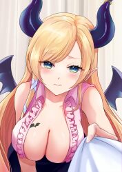  absurdres bare_shoulders bent_over black_skirt blonde_hair blue_eyes blurry blurry_foreground blush breast_tattoo breasts cleavage demon_girl demon_horns demon_wings female highres hololive horns kudoukudokudo large_breasts long_hair pink_shirt pointy_ears pov shirt skirt solo_focus tattoo tears virtual_youtuber winged_heart_tattoo wings yuzuki_choco yuzuki_choco_(1st_costume) 