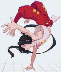  1boy armpits balancing black_hair blurry blush bow chromatic_aberration depth_of_field floating_hair foreshortening hakama hakama_pants hand_on_ground handstand highres houjou_tokiyuki_(nige_jouzu_no_wakagimi) japanese_clothes kemasuurutt legs_up long_hair looking_at_viewer low-cut_armhole male_focus messy_hair nige_jouzu_no_wakagimi one_arm_handstand open_mouth outstretched_arm pants parted_bangs parted_lips ponytail profile purple_eyes red_hakama red_sash ribs sash sidelocks_tied_back simple_background solo sweat tabard tabi white_background 