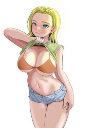  absurdres android_18 bikini bikini_top_only bikini_under_clothes blonde_hair blue_eyes blue_shorts blush breasts cleavage clothes_lift commentary cutoffs denim denim_shorts dragon_ball dragon_ball_super earrings english_commentary female green_shirt highres jewelry large_breasts looking_at_viewer medium_hair navel pink_mousse shirt shirt_lift short_shorts shorts sleeves_rolled_up smile solo standing sweat swimsuit underboob white_background 