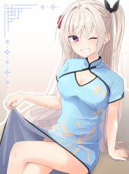  ;d ahoge akizuki_kanna alternate_costume arm_at_side black_bow blue_dress blush bow breasts cafe_stella_to_shinigami_no_chou china_dress chinese_clothes cleavage cleavage_cutout clothes_lift clothing_cutout commentary crossed_legs dress dress_lift eyes_visible_through_hair feet_out_of_frame female floral_print floral_print_dress flower grin hair_between_eyes hair_flower hair_intakes hair_ornament hair_spread_out hairbow half_updo hand_up happy highres large_breasts lifting_own_clothes light_brown_hair long_hair looking_at_viewer one_eye_closed one_side_up print_dress purple_eyes red_flower short_sleeves silver116 simple_background sitting smile solo straight_hair tsurime very_long_hair 