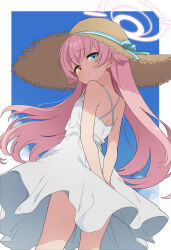  absurdres alternate_costume arms_behind_back blue_archive blue_eyes brown_hat closed_mouth commentary_request dress female halo hat highres hiroikara_(smhong04) hoshino_(blue_archive) looking_at_viewer looking_back pink_hair pink_halo sleeveless sleeveless_dress smile solo straw_hat white_dress yellow_eyes 