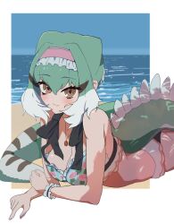  alternate_costume bare_shoulders beach bikini blush chinese_water_dragon_(kemono_friends) extra_ears female floral_print_bikini frilled_hairband frills green_bikini green_hair hair_between_eyes hairband highres jewelry kemono_friends kunikuni_(kunihiro2005) lizard_tail lying midriff necklace on_stomach orange_eyes reptile_girl short_hair sidelocks sleeveless solo swimsuit tail white_bikini white_hair 