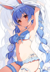  animal_ear_fluff animal_ears armpits arms_up bare_shoulders bikini blue_bikini blue_hair blush braid breasts cleavage closed_mouth commentary_request female frilled_bikini frills hair_ornament hairclip hololive long_hair looking_at_viewer low_twintails mauve medium_breasts multicolored_hair navel plaid_bikini plaid_clothes rabbit_ears red_eyes ribbon-trimmed_bikini seiza shirt short_eyebrows sitting smile solo swimsuit thick_eyebrows twin_braids twintails two-tone_hair undressing usada_pekora very_long_hair virtual_youtuber white_background white_hair white_shirt x_hair_ornament zoom_layer 