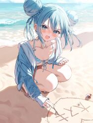  bikini bikini_under_clothes blue_eyes blue_hair blue_jacket blue_sky blush braid breasts brown_footwear cloud collarbone commentary day double_bun female flip-flops front-tie_bikini_top front-tie_top hair_between_eyes hair_bun hatsune_miku highres hood hood_down hooded_jacket horizon jacket long_sleeves looking_at_viewer ocean open_clothes open_jacket open_mouth outdoors pentagon_(railgun_ky1206) puffy_long_sleeves puffy_sleeves sand_writing sandals sky sleeves_past_wrists small_breasts solo squatting striped_bikini striped_clothes swimsuit vocaloid water 