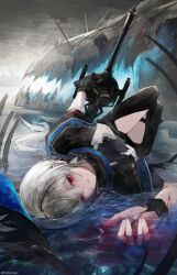  arknights ascot bare_shoulders black_ascot black_gloves blood breasts clothing_cutout english_commentary female gloves grey_hair hair_between_eyes hat highres holding holding_sword holding_weapon long_hair long_sleeves looking_at_viewer lying lying_on_water medium_breasts milktea_wegan official_alternate_costume red_eyes shirt skadi_(arknights) skull solo sword thigh_cutout unworn_headwear very_long_hair water weapon white_hair 