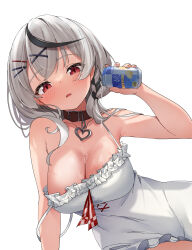  absurdres bare_arms black_collar black_hair blush breasts can cleavage collar collarbone commentary_request cross-laced_clothes cross-laced_dress dress drink_can eru_(l_illust45) female frilled_dress frills grey_hair hair_ornament heart_collar highres holding holding_can hololive large_breasts looking_at_viewer multicolored_hair open_mouth red_eyes sakamata_chloe sakamata_chloe_(1st_costume) short_hair simple_background solo spilling strap_slip streaked_hair virtual_youtuber white_background white_dress x_hair_ornament 