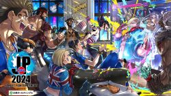  4girls 6+boys a.k.i._(street_fighter) akuma_(street_fighter) angry blue_jacket bucket cammy_white chun-li clenched_teeth couch cropped_jacket dark-skinned_male dark_skin ed_(street_fighter) food fuse_ryuuta headband health_bar jacket juri_han luke_sullivan m._bison multiple_boys multiple_girls muscular muscular_male official_art popcorn punching rashid_(street_fighter) ryu_(street_fighter) second-party_source sitting smile street_fighter street_fighter_6 teeth television turban union_jack_print uppercut window 