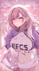  breasts closed_mouth clothes_writing elf elysia_(herrscher_of_human:_ego)_(honkai_impact) elysia_(honkai_impact) falling_petals female fu_oekakiman hair_between_eyes highres honkai_(series) honkai_impact_3rd large_breasts long_hair looking_at_viewer multicolored_hair navel official_alternate_costume partially_submerged petals pink_hair pink_nails pink_sky pointy_ears purple_shirt sarong shirt sky solo stomach streaked_hair sunset thighs tied_shirt two-tone_shirt water white_hair white_sarong white_shirt 