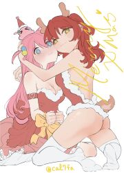  &gt;_&lt; 2girls ame_5000 animal_ears antlers armband ass blue_eyes blush bocchi_the_rock! bound bound_wrists breasts cheek-to-cheek christmas cleavage closed_mouth commentary_request cube_hair_ornament dress ear_piercing fake_animal_ears fake_tail gotoh_hitori gotoh_hitori_(octopus) green_eyes hair_ornament hat heads_together heart highres horns kita_ikuyo kneeling large_breasts long_hair looking_at_viewer multiple_girls no_shoes one_side_up piercing pink_hair red_dress red_hair reindeer_antlers reindeer_girl ribbon santa_hat simple_background tail thighhighs twitter_username white_background white_thighhighs yellow_ribbon yuri 