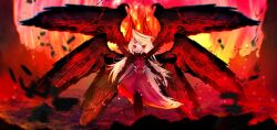  6_wings absurd_res blonde_hair charlie_morningstar clothed clothing darkxpazz demon dress eyelashes female fire hair hazbin_hotel hi_res horn multi_wing red_cheeks red_eyes serious serious_face solo spread_wings watermark wings 