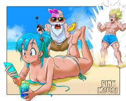  2boys absurdres aqua_bikini aqua_hair artist_name ass aura barefoot beach beard bikini bikini_tan blue_eyes blue_swim_trunks border breasts bulma_briefs cleavage cocktail cocktail_glass commentary cup dark-skinned_female dark-skinned_male dark_skin dragon_ball dragon_ball_z drinking_glass drooling english_commentary facial_hair feet_up female highres legs_up long_hair looking_at_phone lotion_bottle lying male_swimwear medium_breasts micro_bikini mixed-language_commentary multiple_boys muscular muscular_male muten_roushi ocean old old_man on_stomach one_side_up out_of_frame phone pink_mousse snot soles solo_focus summer super_saiyan super_saiyan_1 swim_trunks swimsuit tan tanlines the_pose thong_bikini toes transformation untied_bikini_top vegeta visor_cap white_border 